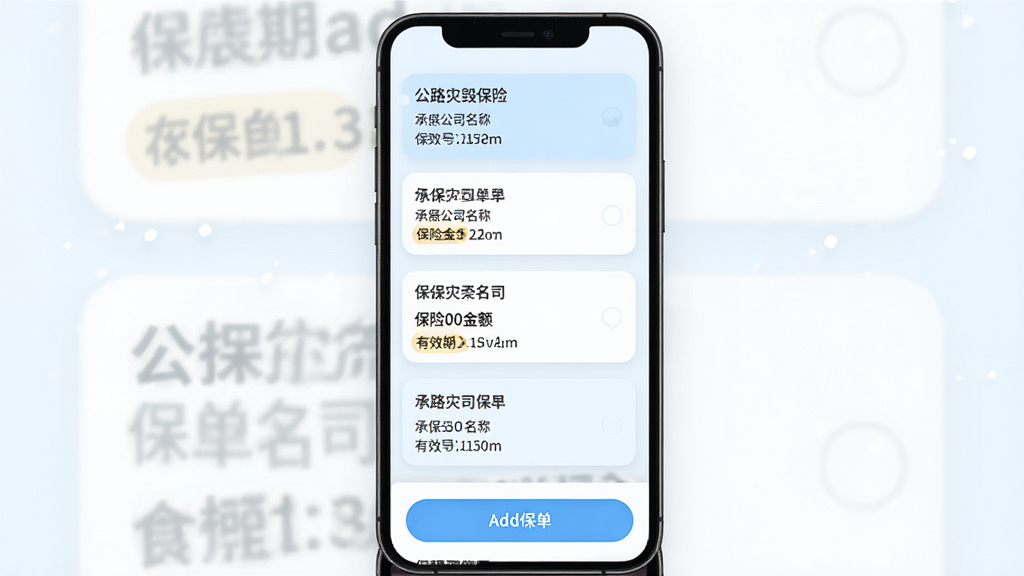 公路灾毁保险应用保单管理界面,手机屏幕显示多张电子保单卡片列表,每张卡片包含保单号、承保公司名称、保险金额和有效期,卡片采用圆角设计,背景为浅蓝色与白色搭配,界面底部有添加保单按钮,整体风格简洁明快,文字清晰,画质精细,干净无多余元素