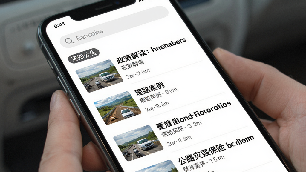 公路灾毁保险应用资讯推送页面,手机屏幕显示新闻列表,标题包括政策解读、理赔案例、通知公告等分类标签,每条资讯配有小缩略图和发布时间,背景为白色,顶部有搜索栏,整体风格类似新闻阅读应用,排版清爽,文字清晰,画质高,无多余元素