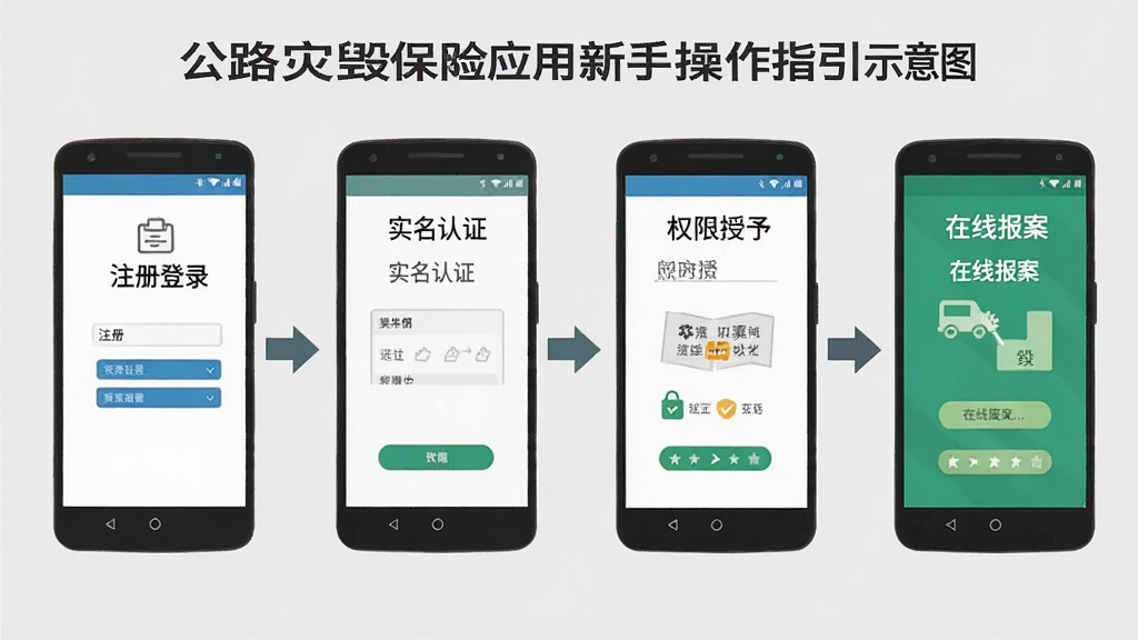 公路灾毁保险应用新手操作指引示意图,画面展示一部安卓手机,屏幕依次显示注册登录、实名认证、权限授予、在线报案四个步骤的简化界面,每个步骤配有箭头连接,背景为浅灰色,风格为扁平化信息图,文字标注清晰,画质干净,无多余元素