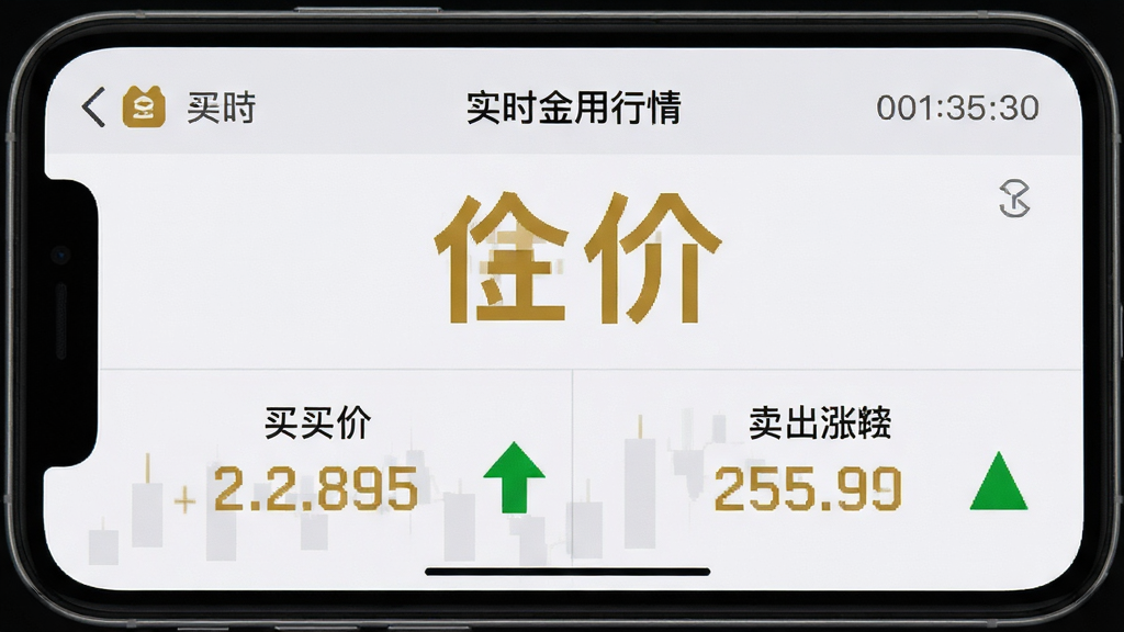 主体为手机屏幕显示实时金应用行情页面,布局为顶部品牌名称与中间大字金价下方为涨跌箭头,排版左右分栏左侧显示买入价右侧显示卖出价,风格为扁平化金融界面,细节包含金色数字、绿色涨跌标识、浅灰背景、时间戳,画质清晰干净无多余元素