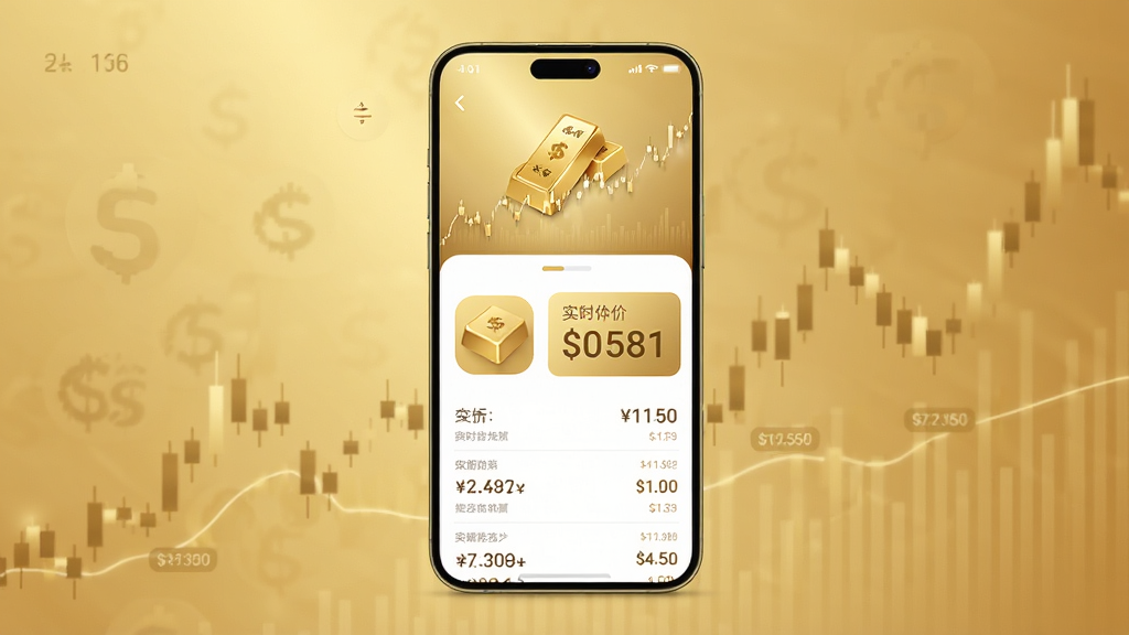 主体为一部智能手机竖屏展示金色主题的金融行情界面,布局中央放置应用图标与实时金价数字卡片,排版采用上下结构上方为金条与走势线条下方为数据列表,风格为现代简约科技感,细节包含金色渐变背景、细线图表、小字价格标签、干净留白,画质高清干净无多余元素
