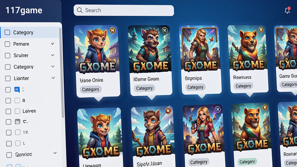 一张117game游戏浏览器游戏库界面的特写图,画面中显示整齐排列的游戏卡片,每张卡片包含游戏封面、名称和分类标签,左侧有分类筛选栏,顶部有搜索框,背景为深蓝色渐变,卡片带有悬浮光影效果,整体风格简洁明快,布局为网格状,细节上游戏封面色彩丰富、文字清晰,画质为4K超高清,画面干净无多余元素。