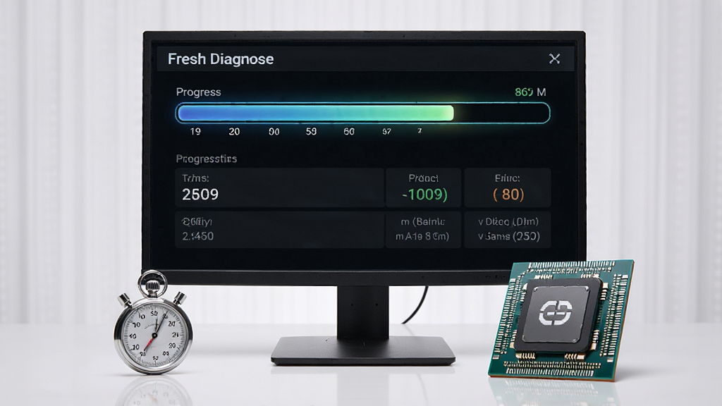 һ̨������ʾ������ʾ Fresh Diagnose �Ļ�׼���Խ������ͷ������Ա߷���һ�������һ�� CPU оƬģ�ͣ�����Ϊ���й�ͼ�����Ϊдʵ�Ƽ��磬ϸ�ڰ�����������Ч��оƬ��ţ�����Ϊ���壬�ɾ����޶���Ԫ��
