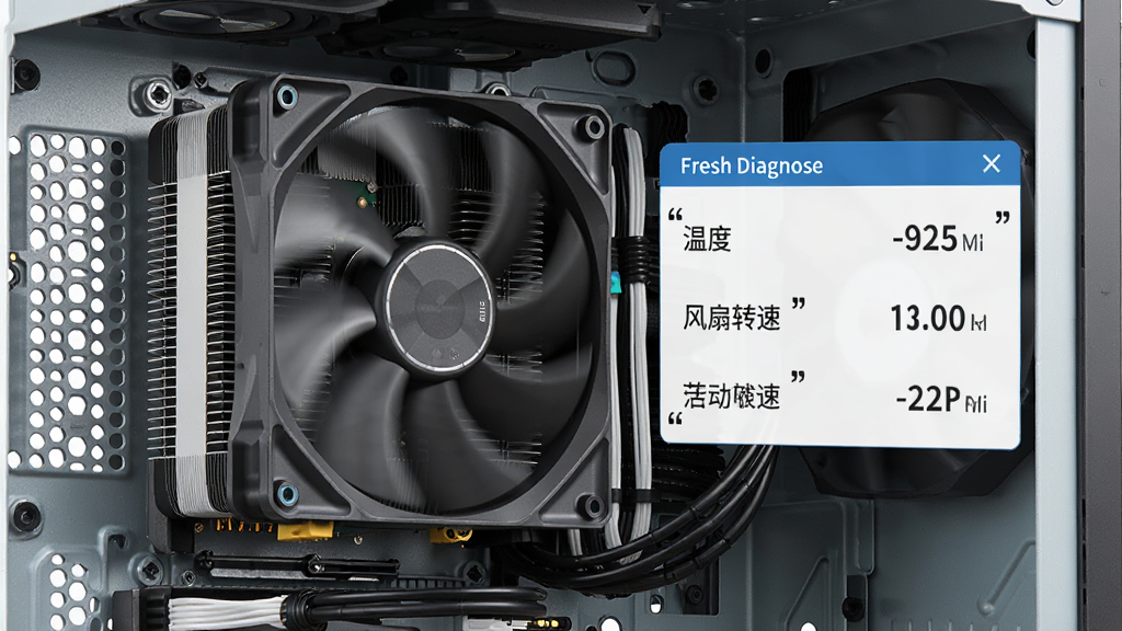 һ̨���Ի����ڲ���CPU ɢ������������ת�����Ա������� Fresh Diagnose ���¶ȼ����壬����������ű�ע���¶ȡ�������ת�١�������������Ϊ���й�ͼ�����Ϊдʵ�Ƽ��磬ϸ�ڰ���ɢ������Ƭ������ҶƬ��̬ģ��������Ϊ���壬�ɾ����޶���Ԫ��