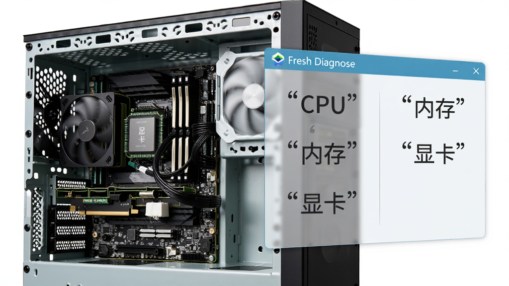 һ̨����������Ǵ򿪣��ڲ��Կ����ڴ��������������ɼ����Ա������� Fresh Diagnose ��������Ϣ��壬����������ű�ע��CPU�����ڴ桱���Կ���������������Ϊ���ҷ��������Ϊдʵ��Ʒչʾ�磬ϸ�ڰ���Ӳ�������ʸС�����͸��Ч��������Ϊ���壬�ɾ����޶���Ԫ��