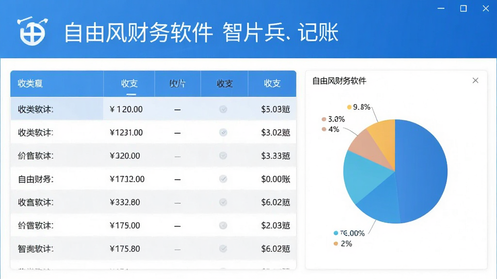 自由风财务软件智能记账界面展示,画面中显示分类清晰的收支列表与饼状图统计,界面中带有自由风财务软件字样,风格简洁商务,蓝白配色,布局规整,画质清晰,干净无多余元素