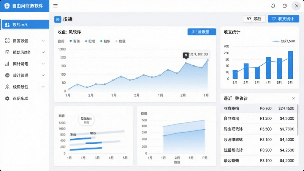 一张展示自由风财务软件主界面的截图,画面中央是软件仪表盘,左侧为功能导航栏,右侧显示收支统计图表与最近账目列表,界面风格简洁现代,蓝白配色,整体布局干净清晰,画质高清,无多余元素