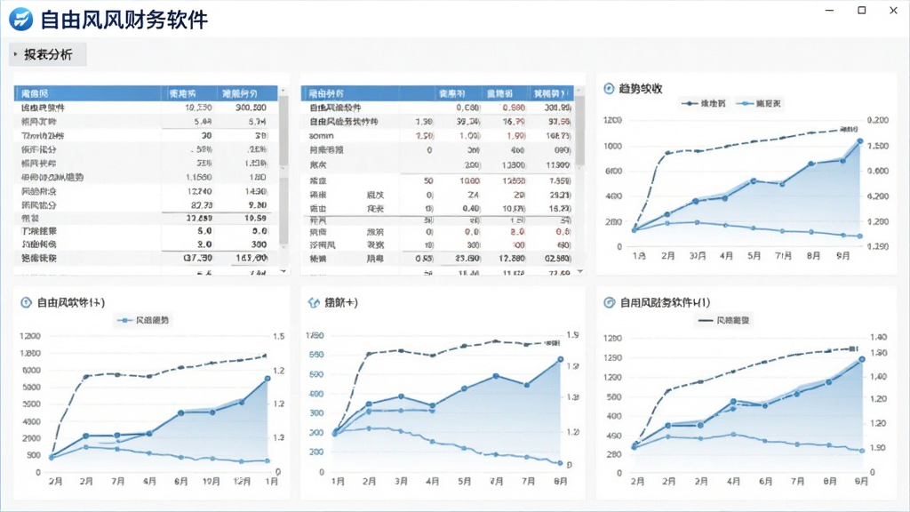 自由风财务软件报表分析界面,画面展示多种财务报表与趋势折线图,界面中带有自由风财务软件字样,风格专业简洁,白色背景配蓝色图表,布局清晰,画质高清,无多余元素
