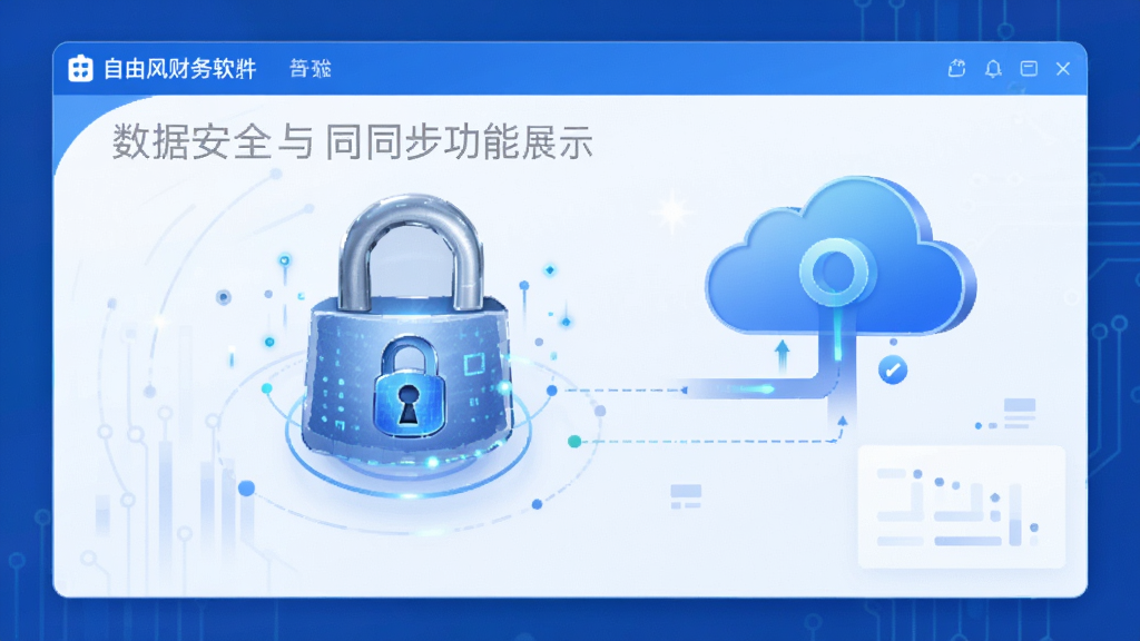 自由风财务软件数据安全与同步功能展示,画面中显示加密锁图标与云端同步示意图,界面中带有自由风财务软件字样,风格科技感简洁,蓝白配色,布局清晰,画质高清,无多余元素