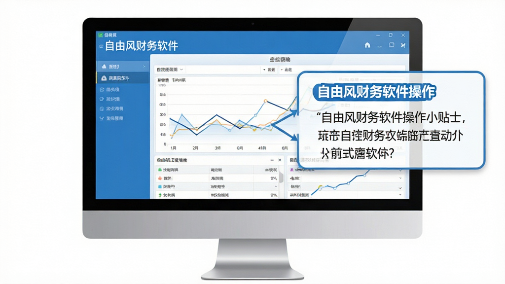 自由风财务软件操作小贴士示意图,画面展示电脑屏幕上的软件界面与注意事项提示框,界面中带有自由风财务软件字样,风格简洁实用,蓝白配色,布局清晰,画质高清,干净无多余元素