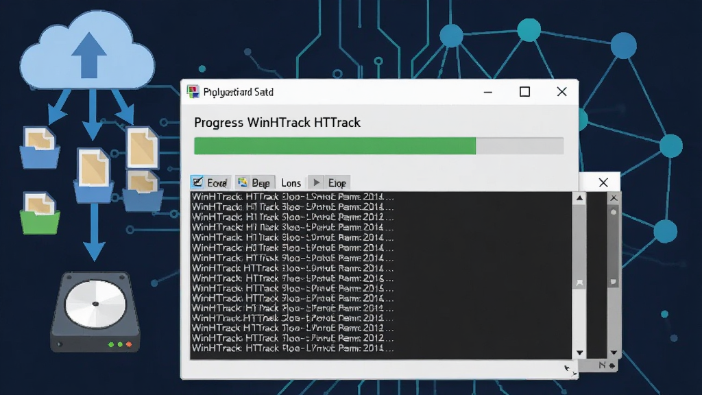 一张展示WinHTTrack HTTrack正在进行整站下载的示意图,画面主体是软件界面中的进度条和实时抓取日志窗口,背景是抽象的互联网节点连接图,风格为科技感十足的扁平化插画,细节包含文件图标从云端流向本地硬盘的箭头,画质清晰,干净,无多余元素