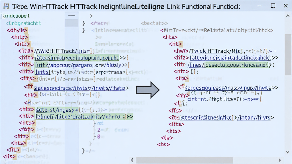 一张展示WinHTTrack HTTrack智能链接转换功能的示意图,画面左侧是原始网页代码中的绝对链接,右侧是转换后的相对链接,中间用箭头连接,背景是淡蓝色代码编辑器风格,细节包含HTML标签和文件路径高亮,画质清晰,干净,无多余元素