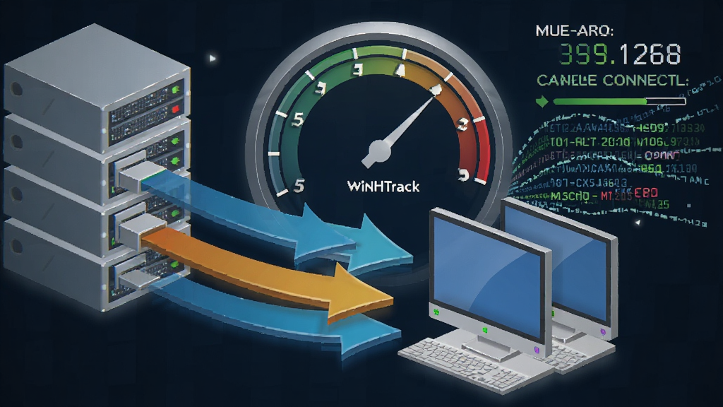一张展示WinHTTrack HTTrack多线程高速抓取功能的示意图,画面主体是多个下载箭头从服务器指向本地电脑,背景是速度表盘和网络数据流,风格为动态科技插画,细节包含数字进度和并发连接数显示,画质清晰,干净,无多余元素