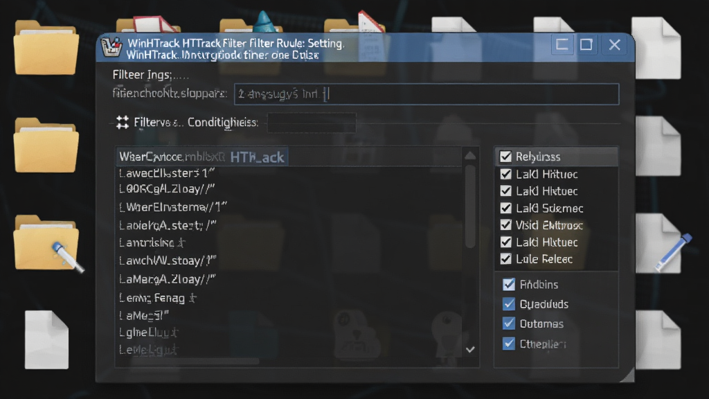 一张展示WinHTTrack HTTrack过滤规则设置界面的示意图,画面主体是软件中的过滤条件输入框和选项列表,背景是文件夹和文件类型图标,风格为简洁的软件界面截图,细节包含通配符示例和勾选框,画质清晰,干净,无多余元素