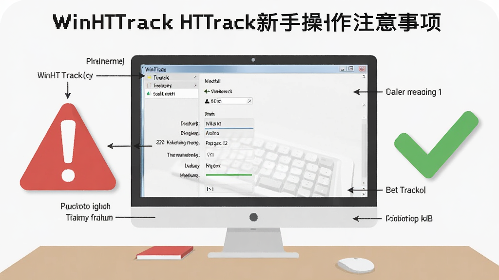 一张展示WinHTTrack HTTrack新手操作注意事项的示意图,画面主体是电脑屏幕上的软件设置界面,旁边有醒目的红色感叹号和绿色对勾图标,背景是简洁的桌面环境,风格为扁平化信息图,细节包含深度设置、路径选择和连接数调节的标注,画质清晰,干净,无多余元素
