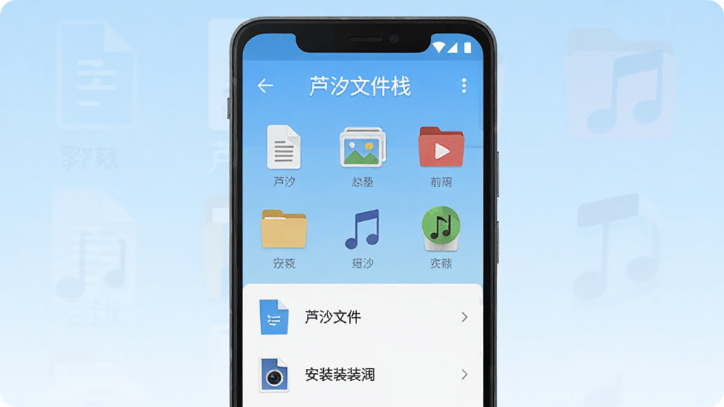 画面中央展示一部安卓手机,手机屏幕显示文件管理界面,界面上方有