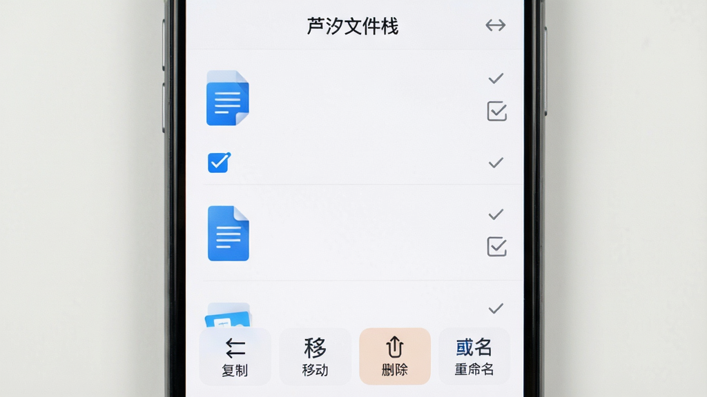 手机屏幕展示文件多选操作界面,顶部有
