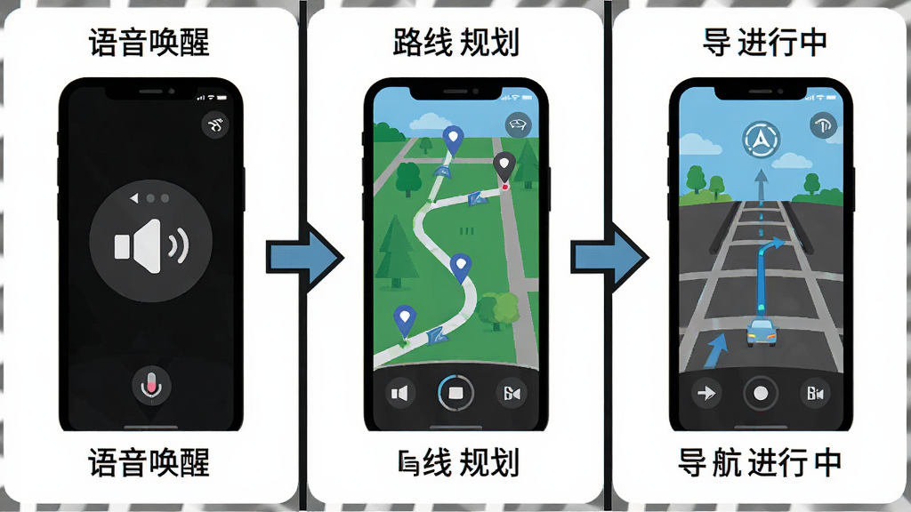 手机语音导航操作流程图,画面分为三格,第一格展示语音唤醒,第二格展示路线规划,第三格展示导航进行中,每格配有手机屏幕截图与简短文字标签,布局为横向排列,风格扁平化信息图,细节包含箭头连接、图标示意,画质清晰干净,无多余元素