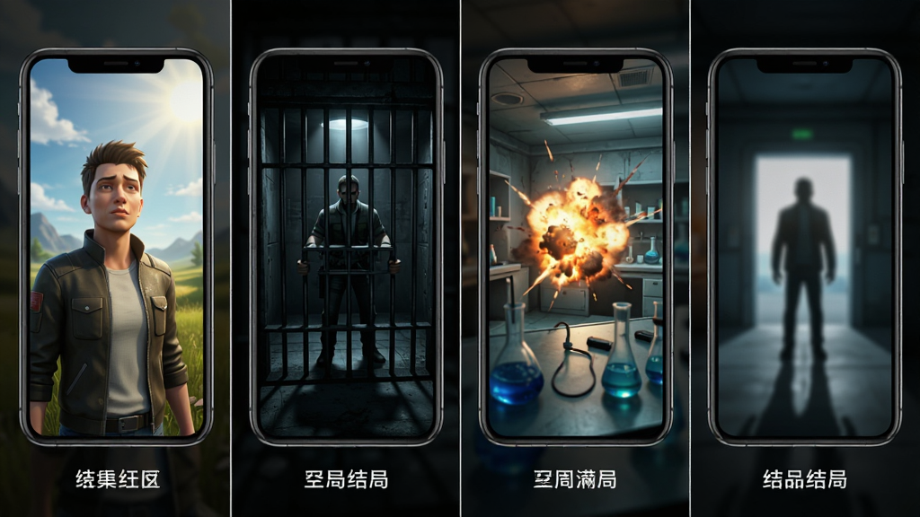 画面展示四个并排的手机屏幕,每个屏幕呈现不同的游戏结局画面,从左到右依次为:阳光下的自由场景、黑暗中的牢笼、爆炸的实验室、以及一个模糊的人影站在出口。布局为横向排列,屏幕之间用细线分隔。排版为对比展示风格,每个屏幕下方有简短的结局名称标签。风格为科幻写实风,细节包括屏幕内的光影差异、角色表情变化、环境色调区分。画质为4K高清,画面干净,无多余元素。