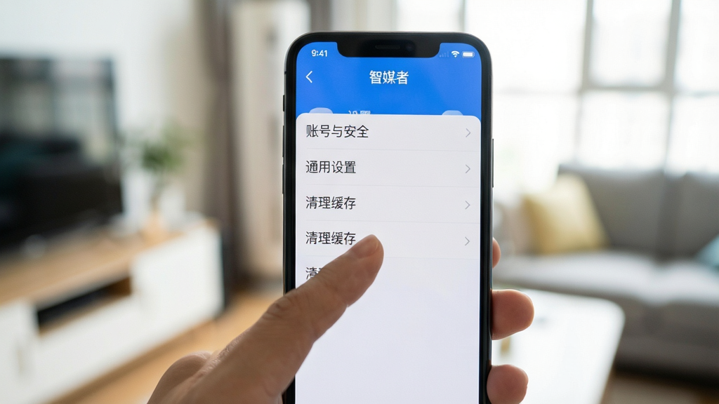 一张手机屏幕特写图,屏幕上显示“智媒者”APP的设置菜单,菜单项包括“账号与安全”、“通用设置”、“清理缓存”等。一只手正拿着手机,手指指向“清理缓存”选项。背景是模糊的室内环境,风格生活化,细节是手机界面清晰,画质明亮,干净无杂物。