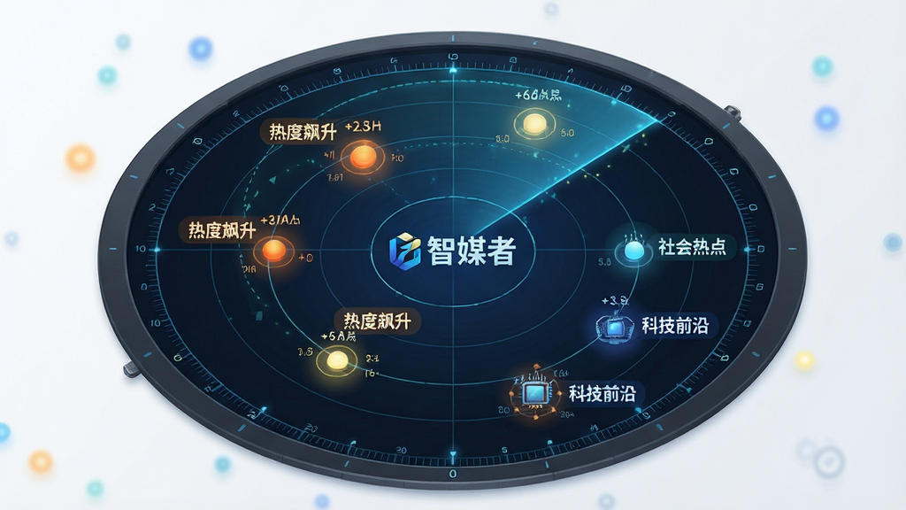 一张信息图表风格的图片,主体是一个雷达扫描屏幕,屏幕上显示着“智媒者”的LOGO,雷达波正扫过一个个代表热门话题的光点,光点旁标注着“热度飙升”、“社会热点”、“科技前沿”等标签。布局为满屏雷达图,风格数据可视化,细节是光点有大小之分,画质高清,背景干净。