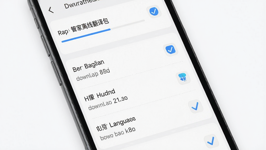 文衔翻译管家离线翻译包功能展示图,主体为手机界面显示已下载的多个离线语言包列表,布局为垂直列表式排版,风格为清爽极简风,细节包含下载进度条、勾选状态、语言名称、存储占用数字,画质高清,干净,无多余元素