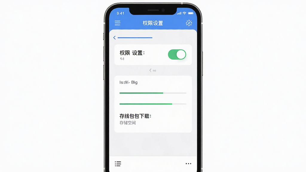 文衔翻译管家移动端使用操作示意图,主体为手机屏幕展示权限设置与离线包下载界面,布局为上下分步式排版,风格为简洁教程风,细节包含权限开关按钮、下载进度条、存储空间提示、设置菜单图标,画质高清,干净,无多余元素