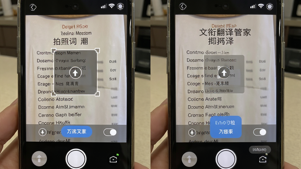 文衔翻译管家拍照取词翻译功能展示图,主体为手机摄像头对准英文菜单进行翻译,布局为左右分屏对比排版,左侧为原始菜单照片,右侧为翻译后的中文菜单叠加显示,风格为写实生活场景风,细节包含取词框、翻译按钮、语言切换标签,画质高清,干净,无多余元素