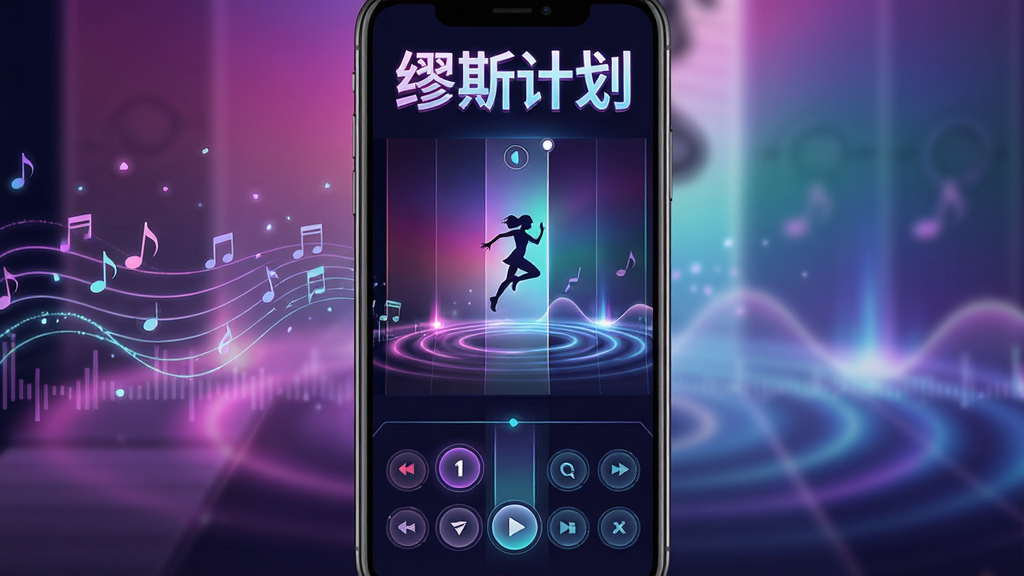 主体是缪斯计划游戏主界面,布局为竖版手机屏幕展示,排版上方显示游戏名称“缪斯计划”艺术字,中部是音乐轨道与跳跃的角色剪影,底部为节奏按键区域,风格为霓虹赛博朋克与梦幻渐变色彩结合,细节包含流动的音符粒子、动态光效、轨道波纹,画质高清,干净,无多余元素