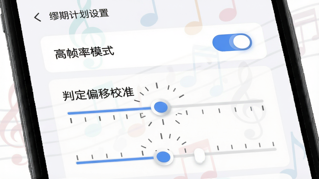 主体是缪斯计划设置界面,布局为竖版手机屏幕,排版显示“高帧率模式”“判定偏移校准”“画质调节”等选项,风格为简洁扁平化UI,细节包含开关按钮的动效状态、校准滑块的刻度标识、背景的淡色音符水印,画质高清,干净,无多余元素