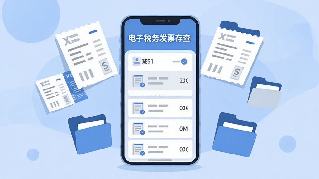 画面中央展示一部智能手机,手机屏幕显示发票列表界面,标题文字为