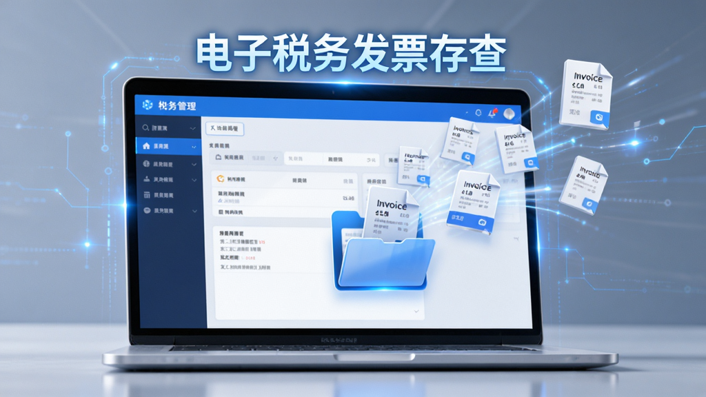 画面主体为一台打开的笔记本电脑,屏幕显示发票管理软件界面,界面中有多个发票文件图标自动飞入文件夹的动画效果,软件名称