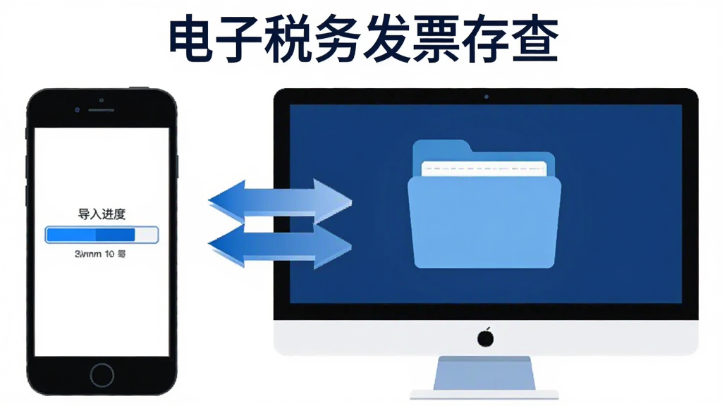 画面展示一部手机和一台电脑并排摆放,手机屏幕显示发票导入进度条,电脑屏幕显示备份文件夹,中间有双向箭头连接,顶部标题为