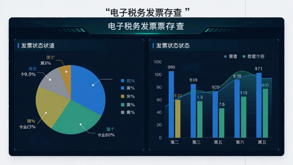 画面展示一个数据仪表盘界面,包含饼图和柱状图,图表颜色区分不同发票状态,界面顶部显示