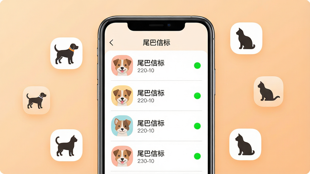 一张展示尾巴信标多设备管理界面的图片,画面中央是一部手机,屏幕内显示一个列表界面,列表中有多个宠物头像和对应的定位设备名称,每个条目右侧有在线状态指示灯,手机周围漂浮着狗和猫的剪影图标,布局为手机居中,背景为浅橙色渐变,风格为清新简约设计,细节包括头像圆角、状态圆点、列表分割线,画质清晰干净,无多余元素,画面中文字为“尾巴信标”