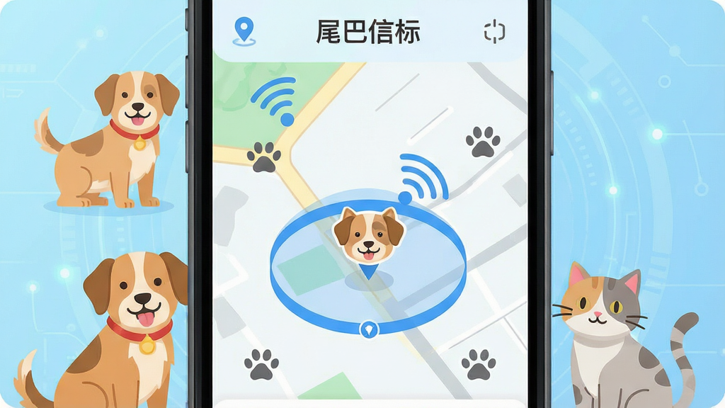一张展示尾巴信标手机应用主界面的图片,画面中央是一部竖屏智能手机,屏幕内显示尾巴信标APP的地图定位界面,地图上有一个宠物头像标记和蓝色围栏圈,手机周围环绕着宠物狗和宠物猫的卡通形象,背景为浅蓝色科技感渐变,布局简洁居中,排版突出手机屏幕内容,风格为扁平化UI设计,细节包括定位图标、信号波纹、宠物爪印元素,画质清晰干净,无多余元素,画面中文字为“尾巴信标”