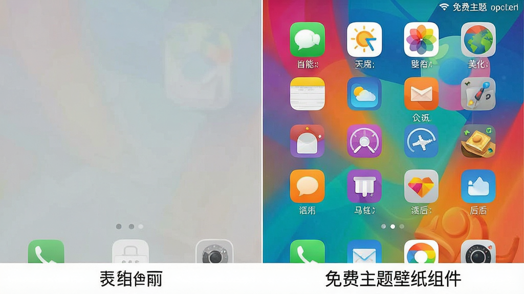 一张手机桌面美化前后的对比图,左侧是单调乏味的默认桌面,右侧是经过“免费主题壁纸组件”美化后充满活力、布局精美的个性化桌面,画面风格清晰直观,细节丰富,画质干净,无多余元素。