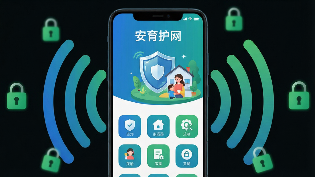 主体为一部安卓手机屏幕,屏幕上显示安育护网的软件界面,界面包含网络安全盾牌图标和家庭防护场景插画;布局为手机居中,四周环绕WiFi信号波纹和绿色安全锁图标;排版采用上下结构,上方为软件名称“安育护网”,下方为功能图标矩阵;风格为扁平化科技蓝绿配色;细节包括盾牌高光、信号波纹渐变、图标圆角处理;画质为高清2K,干净无多余元素
