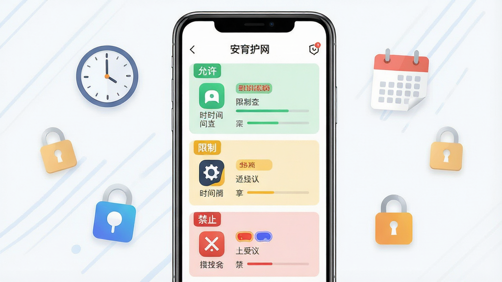 主体为一部手机屏幕展示应用管控面板,面板上有多个应用图标被分为“允许”“限制”“禁止”三个区域;布局为手机居中,周围漂浮着时钟、日历、锁形图标;排版采用网格化图标排列;风格为清新扁平化设计;细节包括应用图标上的状态标签、时长进度条、彩色分类标签;画质为高清,干净无多余元素,屏幕上方显示“安育护网”