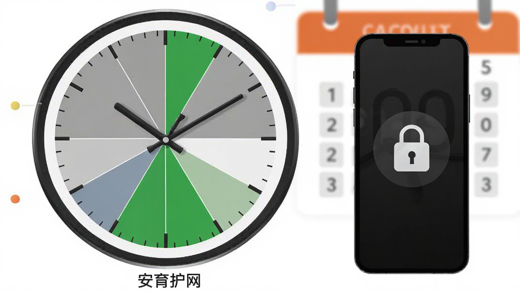 主体为一个圆形时钟表盘,表盘上划分出绿色允许时段和灰色禁止时段,时钟旁边有一部手机;布局为时钟在左,手机在右;排版为横向并列;风格为简约信息图风格;细节包括时钟上的彩色时段扇形、手机屏幕上的时间锁图标、背景中的日历元素;画质为高清,干净无多余元素,时钟下方标注“安育护网”