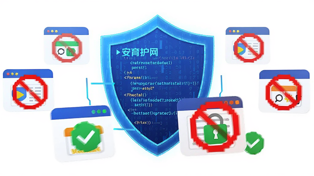 主体为一面由代码组成的蓝色防护盾牌,盾牌前方有多个网站图标被阻挡在外;布局为盾牌居中,被拦截的图标呈放射状散开;排版为横向构图,左侧为安全网站通过,右侧为不良网站被拦截;风格为科技感插画;细节包括盾牌发光边缘、拦截图标上的红色禁止符号、通过图标上的绿色对勾;画质为高清,干净无多余元素,画面中带有“安育护网”文字标识