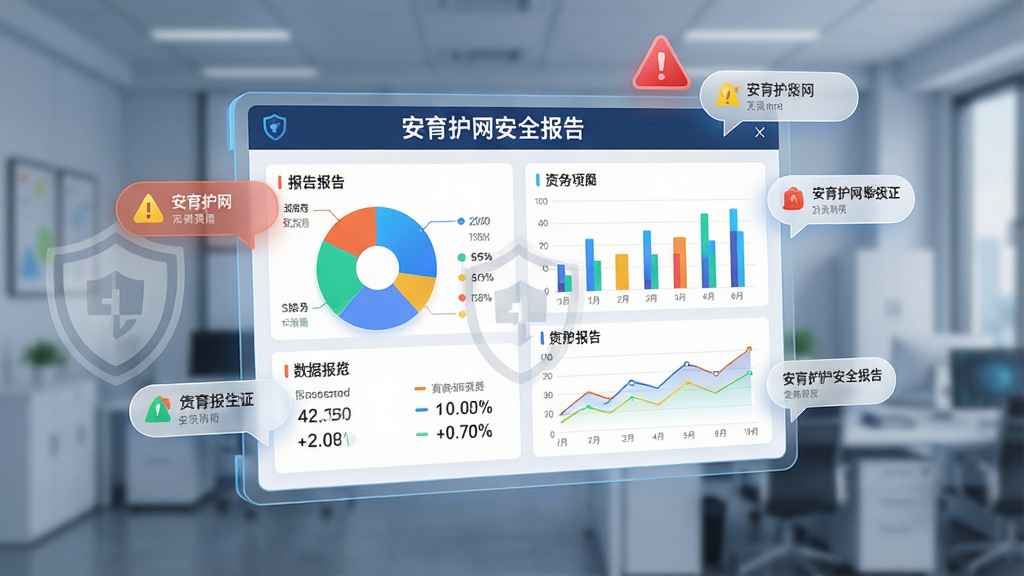 主体为一份悬浮在空中的数据报告面板,面板上有饼图、柱状图和折线图;布局为报告面板居中,四周有警示图标和通知气泡;排版采用仪表盘式布局;风格为商务科技风;细节包括彩色图表、数字指标、盾牌水印;画质为高清,干净无多余元素,报告标题为“安育护网安全报告”