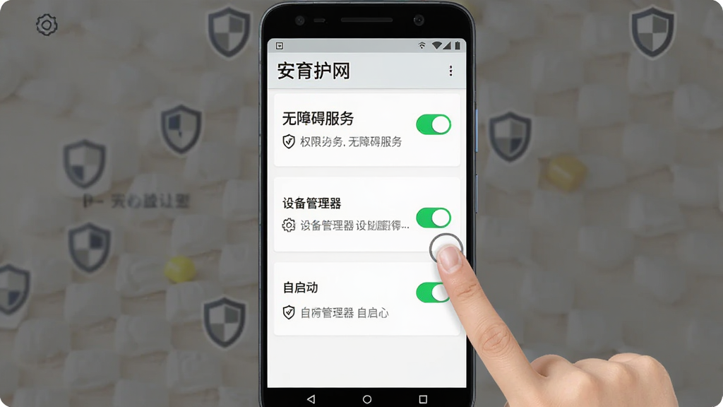 主体为一部安卓手机展示安育护网的权限设置页面,页面上有“无障碍服务”“设备管理器”“自启动”三个开关按钮;布局为手机居中,旁边有手指点击开关的示意;排版为纵向列表;风格为简洁UI展示;细节包括绿色开启状态、权限说明文字、盾牌图标;画质为高清,干净无多余元素,页面顶部显示“安育护网”