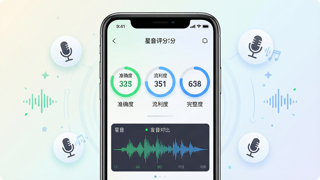 星空外语智能语音评测功能展示图,主体为手机屏幕特写,屏幕中显示发音评分界面,包含