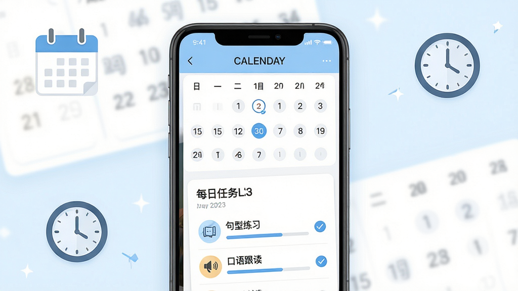 星空外语个性化学习计划界面图,主体为手机屏幕展示学习计划页面,屏幕中显示日历打卡视图和每日任务列表,任务包含