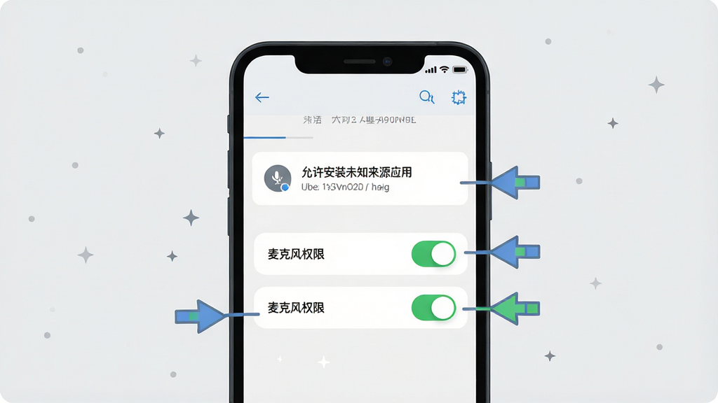 星空外语新手安装操作示意图,主体为手机屏幕展示安装权限设置界面,屏幕中显示