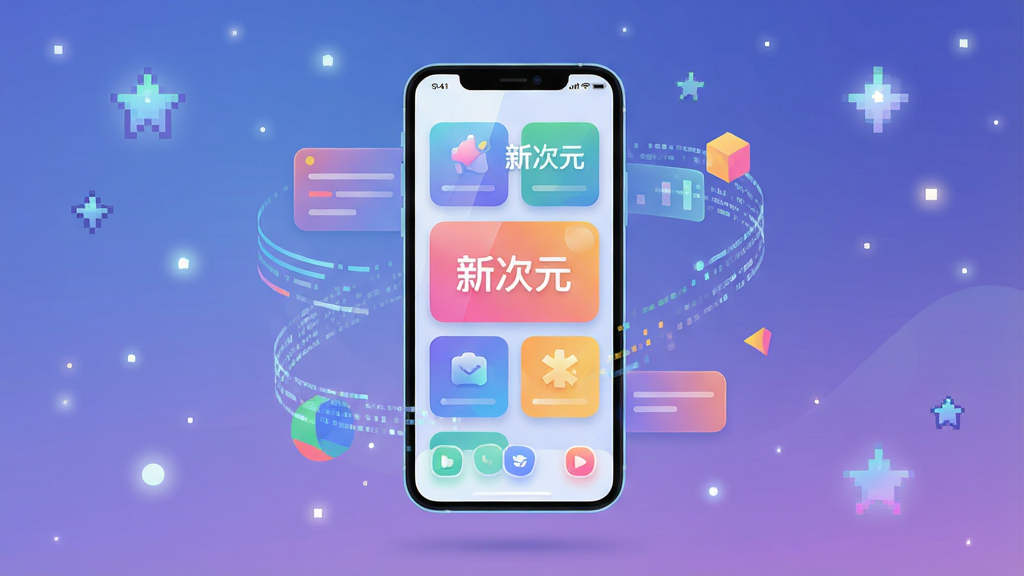 一张展示“新次元”手机应用界面的概念图。画面主体是一部竖屏智能手机,屏幕中显示着充满未来感和二次元风格的彩色卡片式布局,卡片上隐约可见“新次元”三个字。背景是柔和的星空渐变蓝紫色,点缀着像素化的星星和光点。布局采用中心构图,手机悬浮在画面中央,四周环绕着抽象的数据流和几何图形。风格偏向扁平化插画与轻拟物结合,细节上强调屏幕的高光和UI元素的圆角设计。画质清晰,色彩干净明快,无多余杂乱元素。