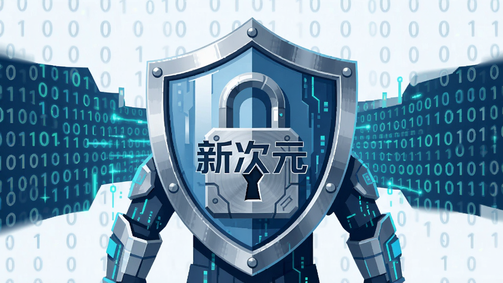 一张象征“新次元”应用安全防护的图片。画面是一个由盾牌和锁组成的数字卫士形象,盾牌表面刻有“新次元”字样,背景是加密的数据流和二进制代码。风格为扁平化科技插画,布局为居中对称。细节强调盾牌的金属质感和锁的精密结构。画质清晰,背景干净。