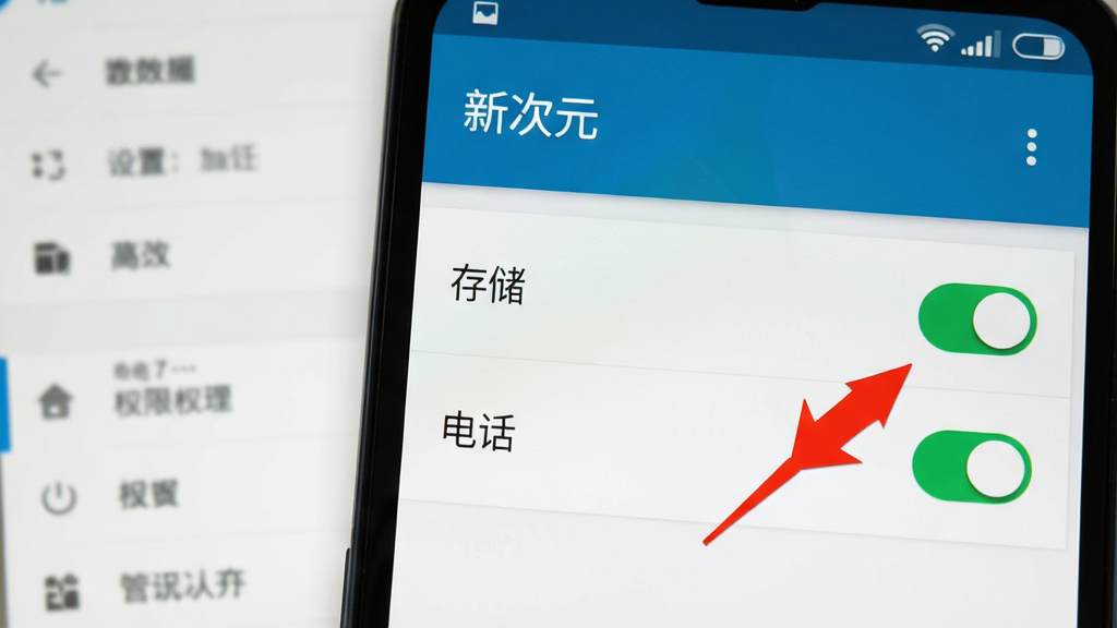 一张展示“新次元”安卓手机安装权限设置界面的示意图。画面是一个手机屏幕特写,屏幕上显示着权限管理开关列表,其中“存储”和“电话”权限旁有红色箭头指引。背景是模糊的手机设置菜单。风格为写实UI截图风格,布局清晰,重点突出。画质清晰,无多余干扰元素。
