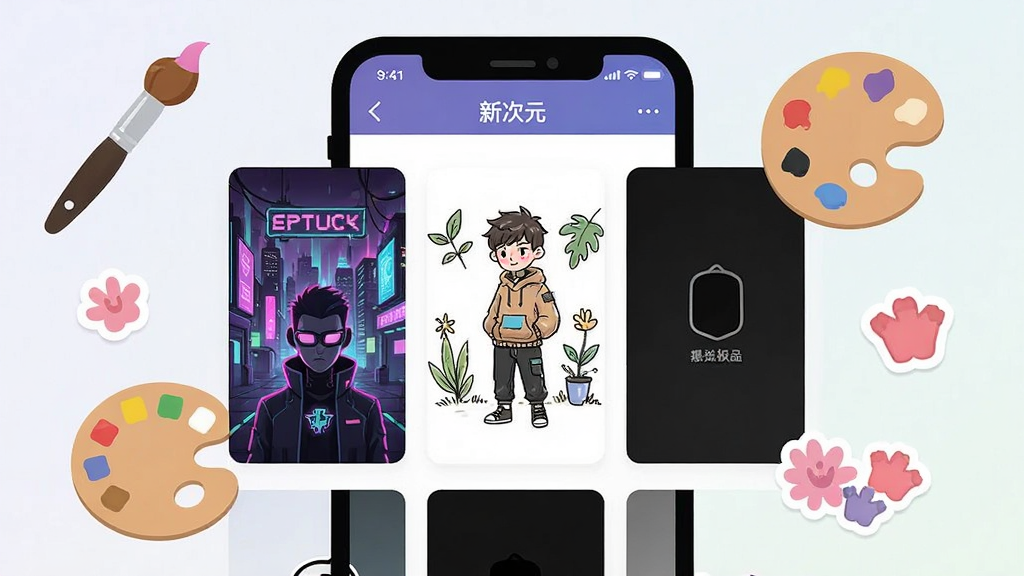 一张展示“新次元”个性化装扮界面的插图。画面是一个手机屏幕,屏幕上显示着多种不同风格的主题皮肤预览,如赛博朋克风、清新手绘风、暗黑极简风。屏幕周围漂浮着画笔、调色板和贴纸等元素。风格为扁平化UI设计展示,布局清晰,色彩丰富但不杂乱。画质干净无噪点。